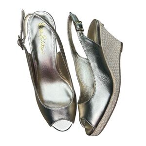 Lilly Pulitzer Kristin Gold Metallic Peep Toe Sling Back Wedge Sandals Womens 7M